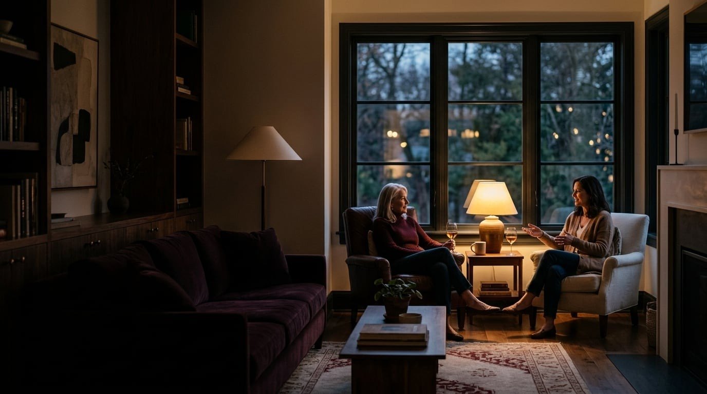 Two people talking in armchairs in a lamplit living room