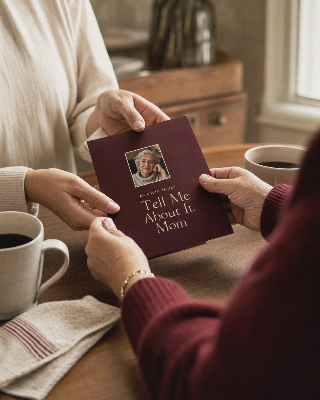 A daughter handing her mother the printed gift card