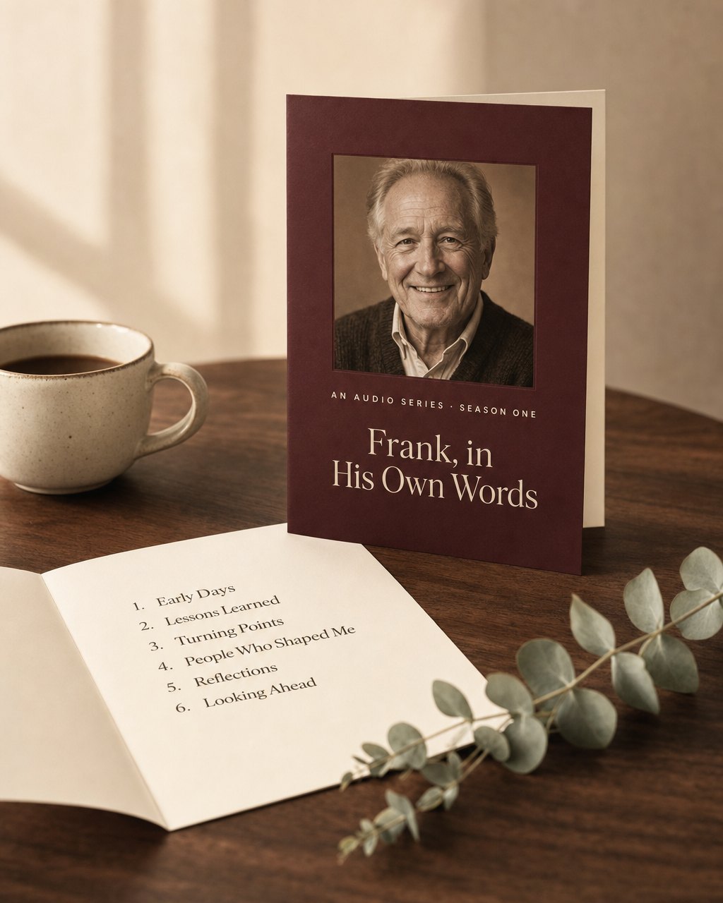 The printed gift card with Frank's portrait and the six chapters