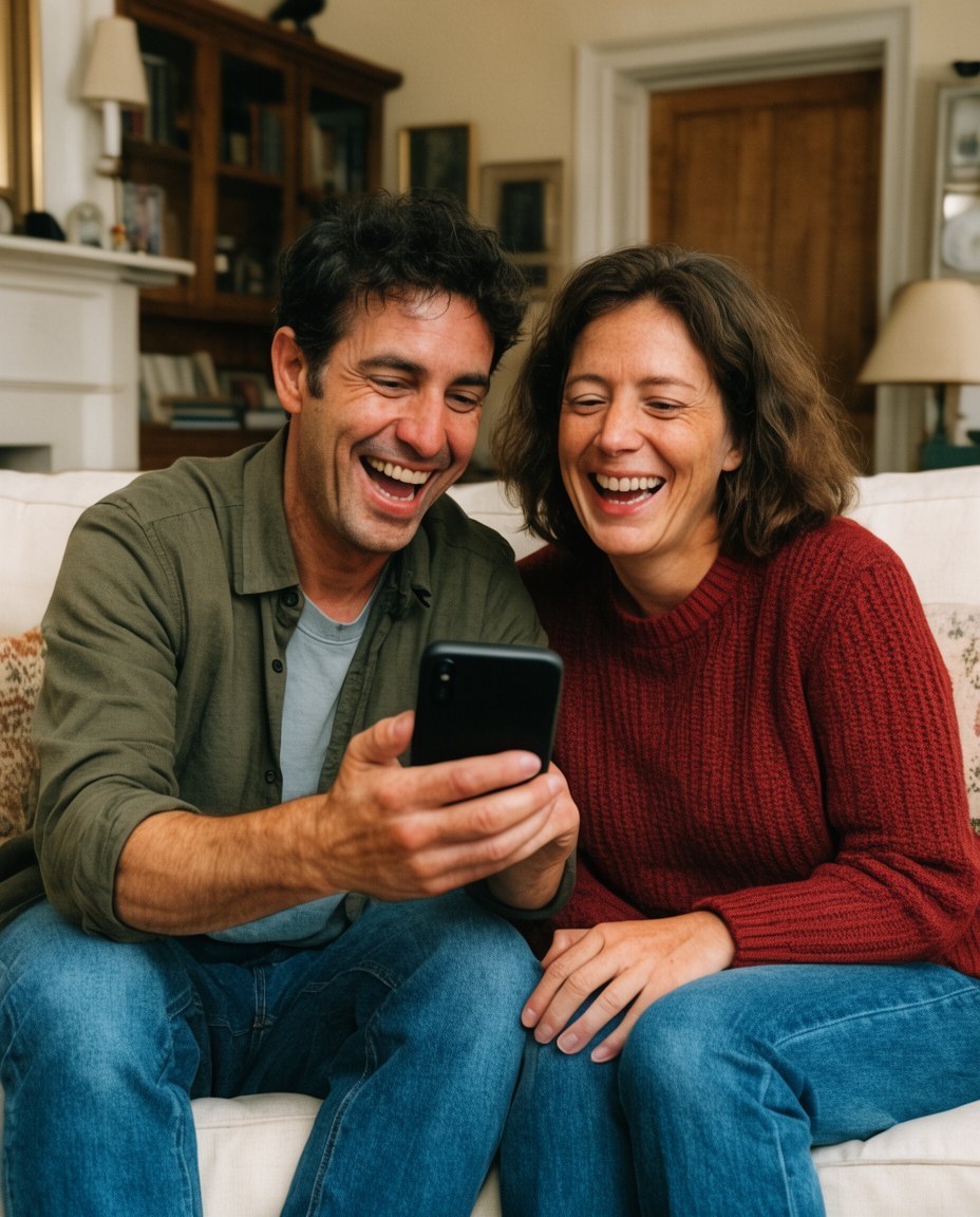 A brother and sister laughing at the preview on a phone